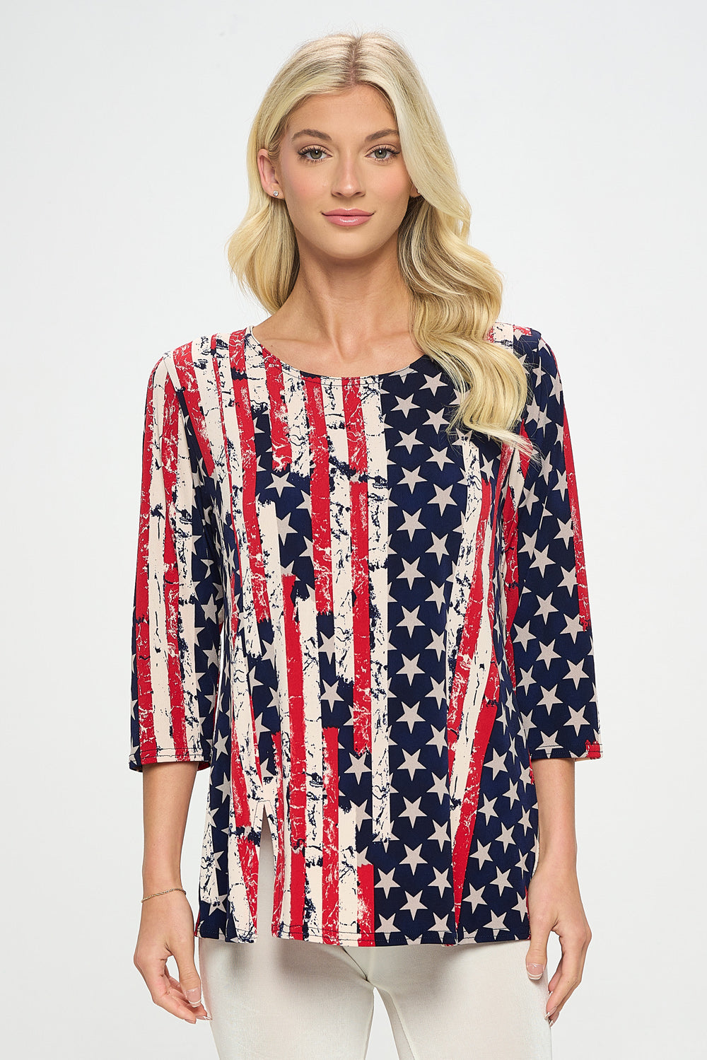 Americana Print Round Neck Short Sleeve Slit Top-3079HT-QRP1-W297