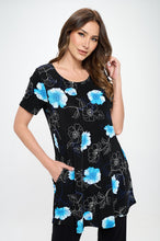 Load image into Gallery viewer, Floral Outline Print Short Sleeve Top with Side Seam Pockets-3086BN-SRP1-K-W380