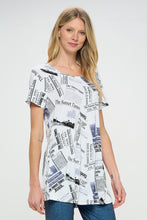 Load image into Gallery viewer, Newspaper Print Short Sleeve Top with Side Seam Pockets-3086BN-SRP1-K-W383