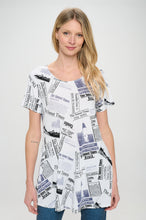 Load image into Gallery viewer, Newspaper Print Short Sleeve Top with Side Seam Pockets-3086BN-SRP1-K-W383