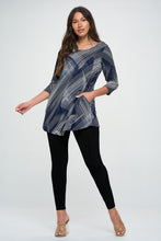 Load image into Gallery viewer, Navy Multi-Lines Print Quarter Sleeve Top with Side Seam Pockets-3086HT-QRP1-K-W260