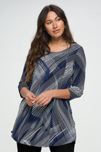 Load image into Gallery viewer, Navy Multi-Lines Print Quarter Sleeve Top with Side Seam Pockets-3086HT-QRP1-K-W260