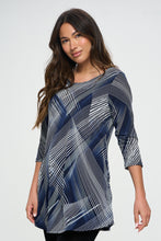 Load image into Gallery viewer, Navy Multi-Lines Print Quarter Sleeve Top with Side Seam Pockets-3086HT-QRP1-K-W260