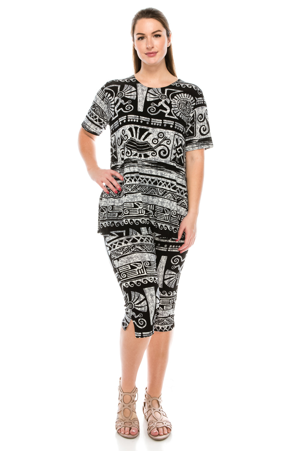 Jostar Women's Stretchy Capri Pants Set Short Sleeve Plus Print