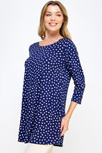 Load image into Gallery viewer, Blue Polka Dot Print Quarter Sleeve Top with Side Seam Pockets-3086HT-QRP1-K-W032