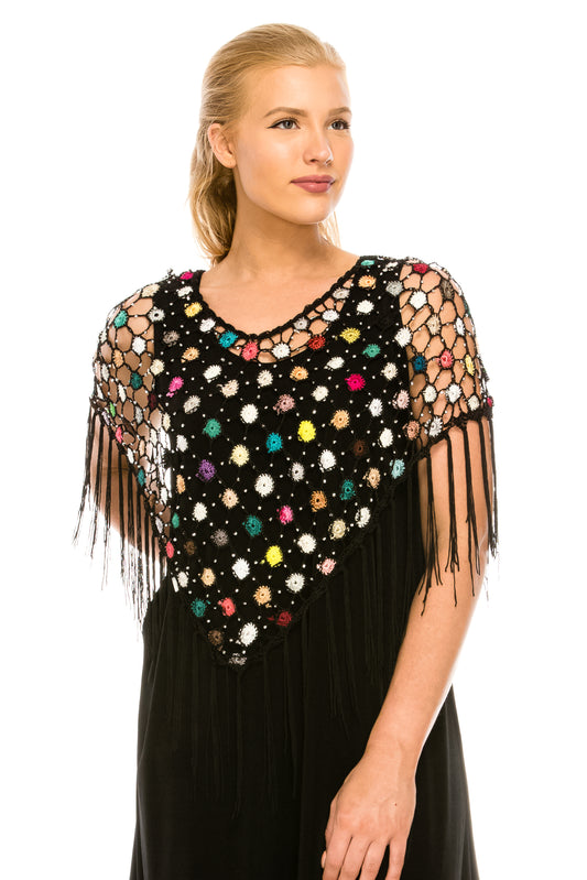 Multicolor Flower Crochet Tassel Poncho Small