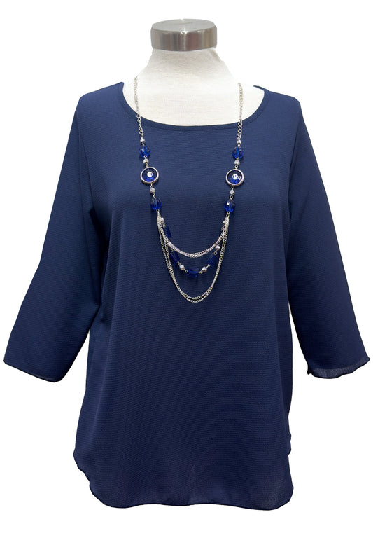 Chic Comfort: Navy Blue 3/4-Sleeve Scoop-Neck Tee and Necklace