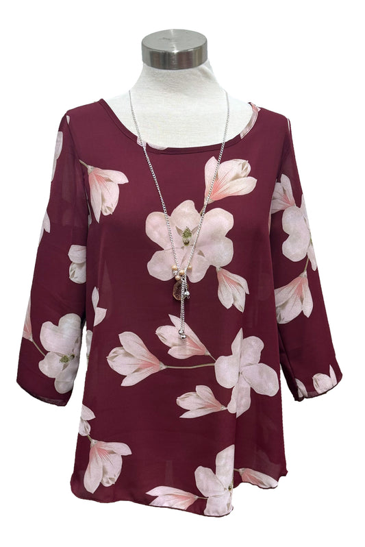 Blooming Beauty: Floral Print Burgundy Top with Necklace