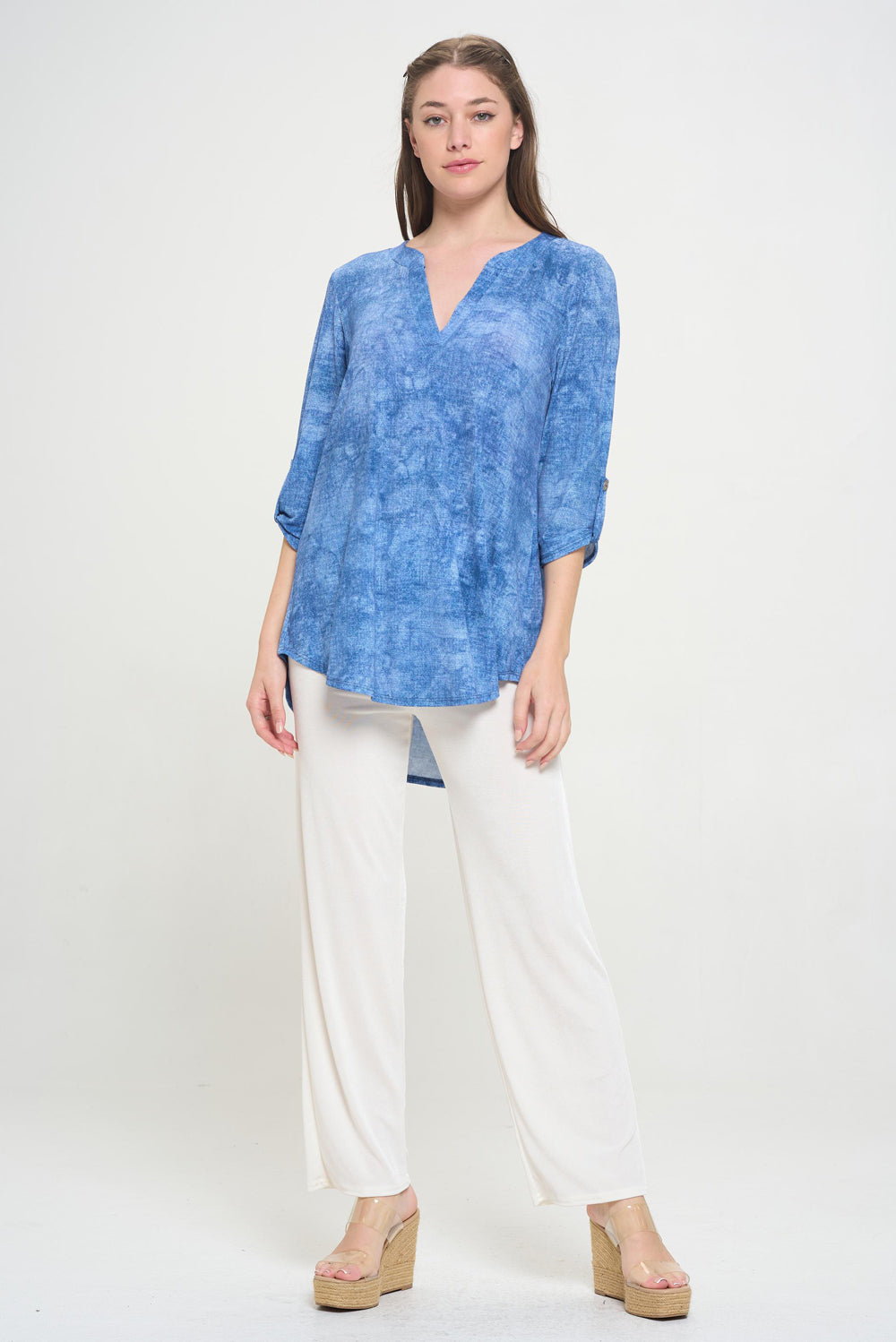 HIT Notch Neck Rolled Sleeve Top-3059HT-QRD1-D003