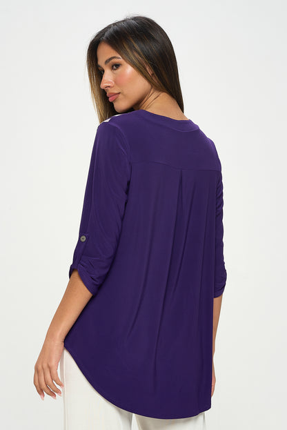 Contrast HIT Notch Neck Rolled Sleeve Top-3059HT-QRP1-C-W357