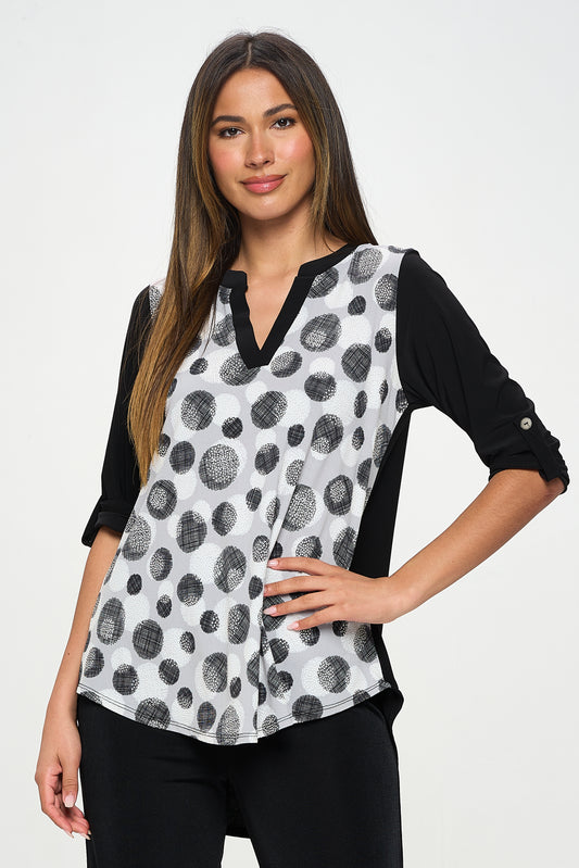Contrast HIT Notch Neck Rolled Sleeve Top-359HT-QRP1-C-W376