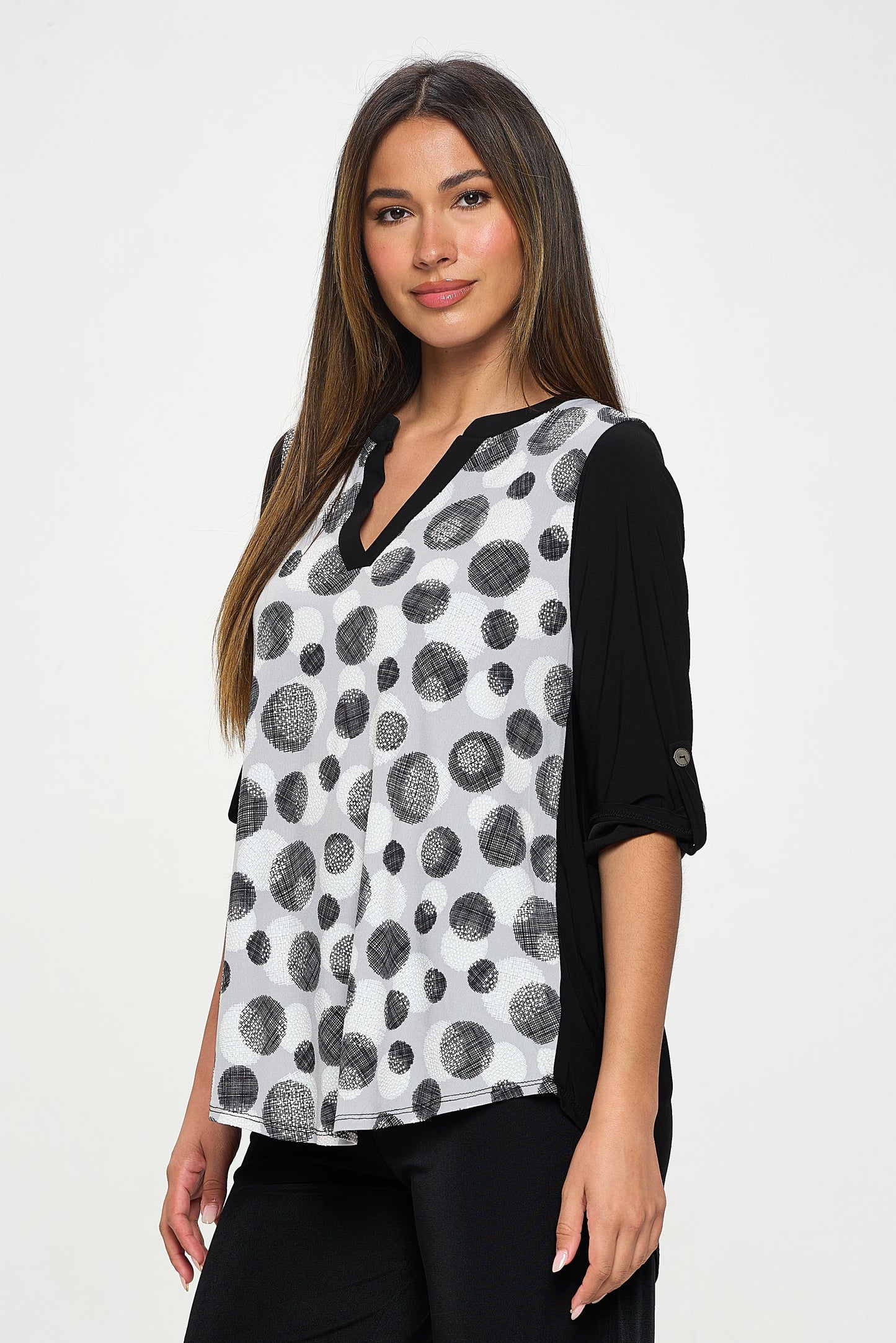 Contrast HIT Notch Neck Rolled Sleeve Top-359HT-QRP1-C-W376