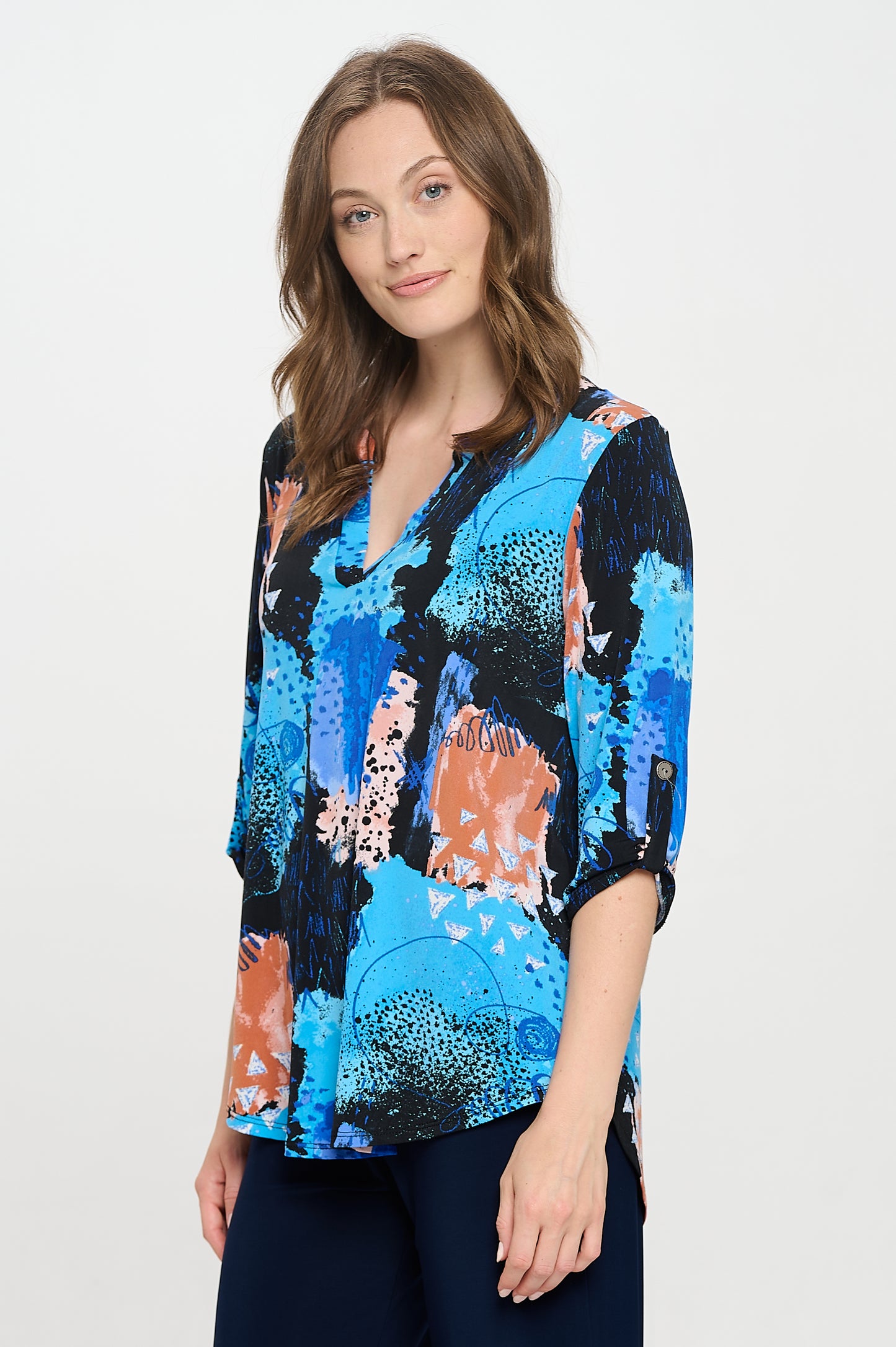 HIT Notch Neck Rolled Sleeve Top-3059HT-QRP1-W449