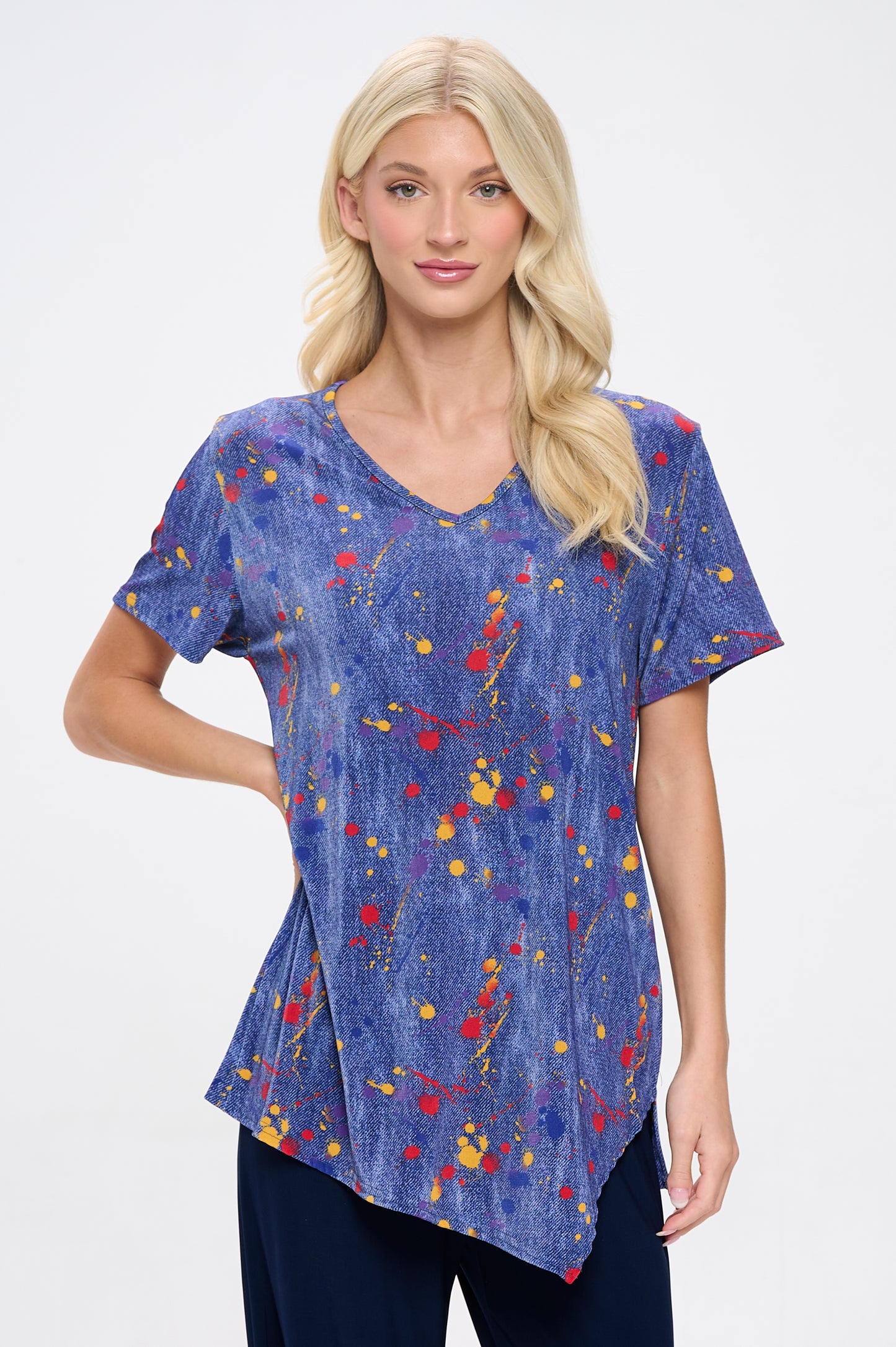 Print Point V-Neckline Top-3062BN-SRD1-D006