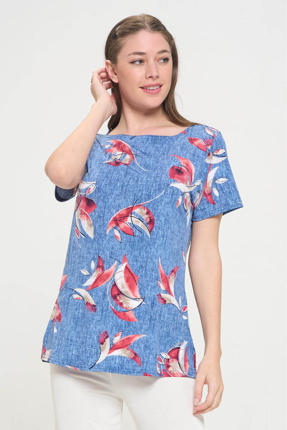 Print Boat Neckline Short Short Sleeve Top-3068HT-SRP1-W398