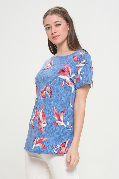 Print Boat Neckline Short Short Sleeve Top-3068HT-SRP1-W398