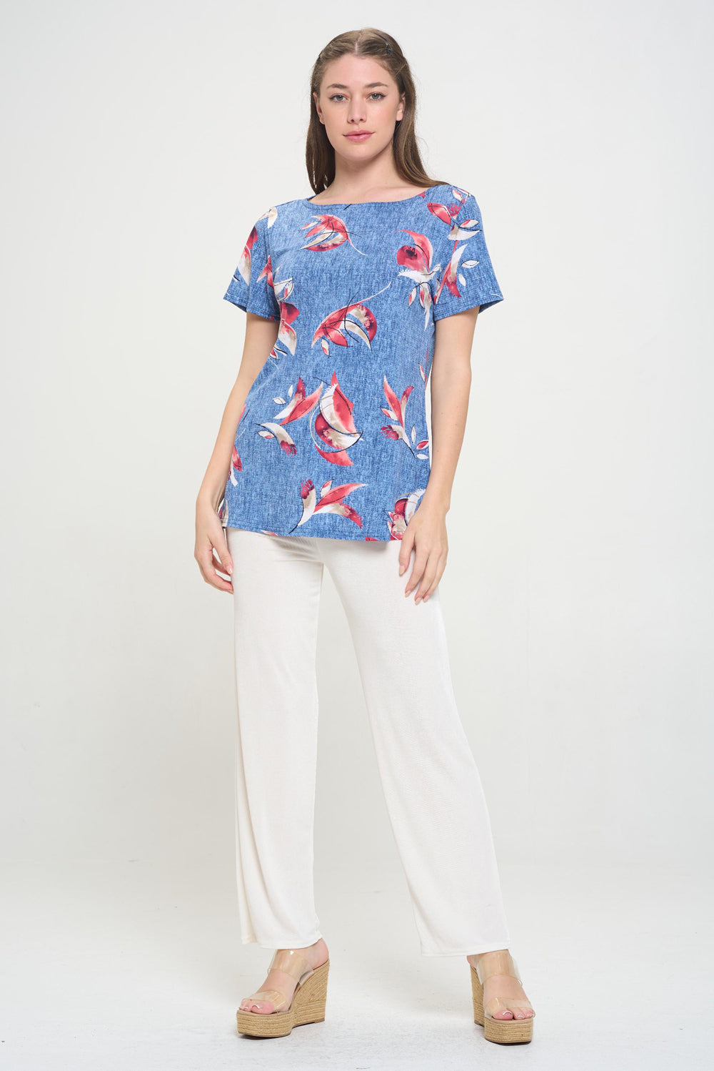 Print Boat Neckline Short Short Sleeve Top-3068HT-SRP1-W398