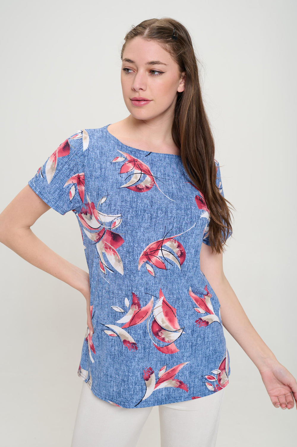 Print Boat Neckline Short Short Sleeve Top-3068HT-SRP1-W398