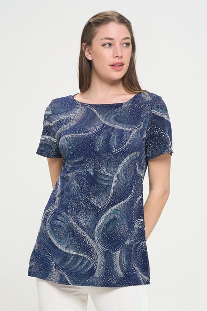 Print Boat Neckline Short Short Sleeve Top-3068HT-SRP1-W411