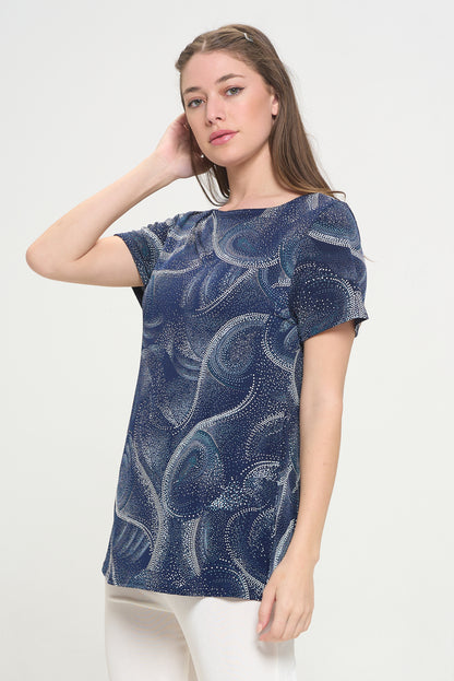 Print Boat Neckline Short Short Sleeve Top-3068HT-SRP1-W411