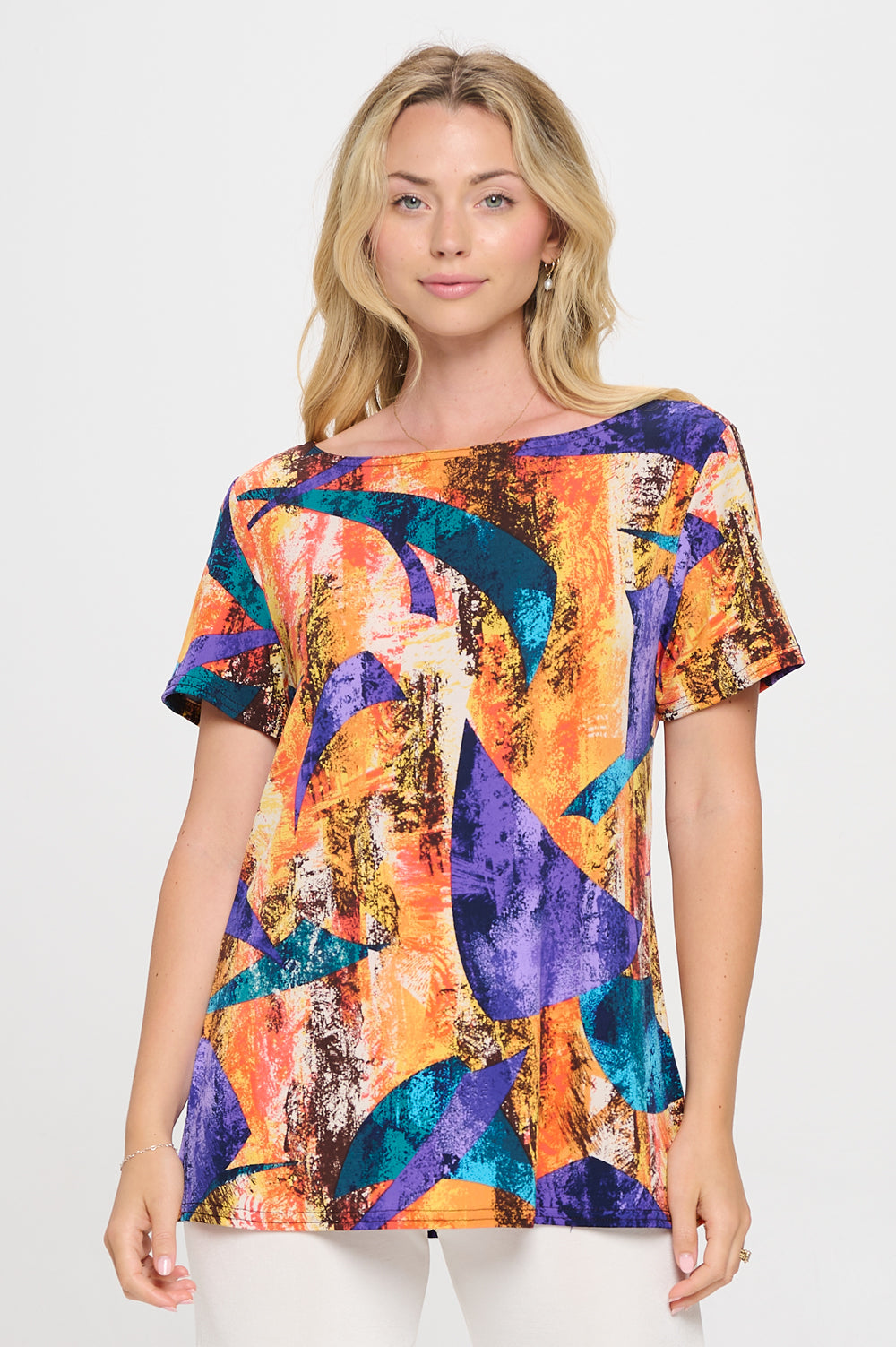 Print Boat Neckline Short Short Sleeve Top-3068HT-SRP1-W417