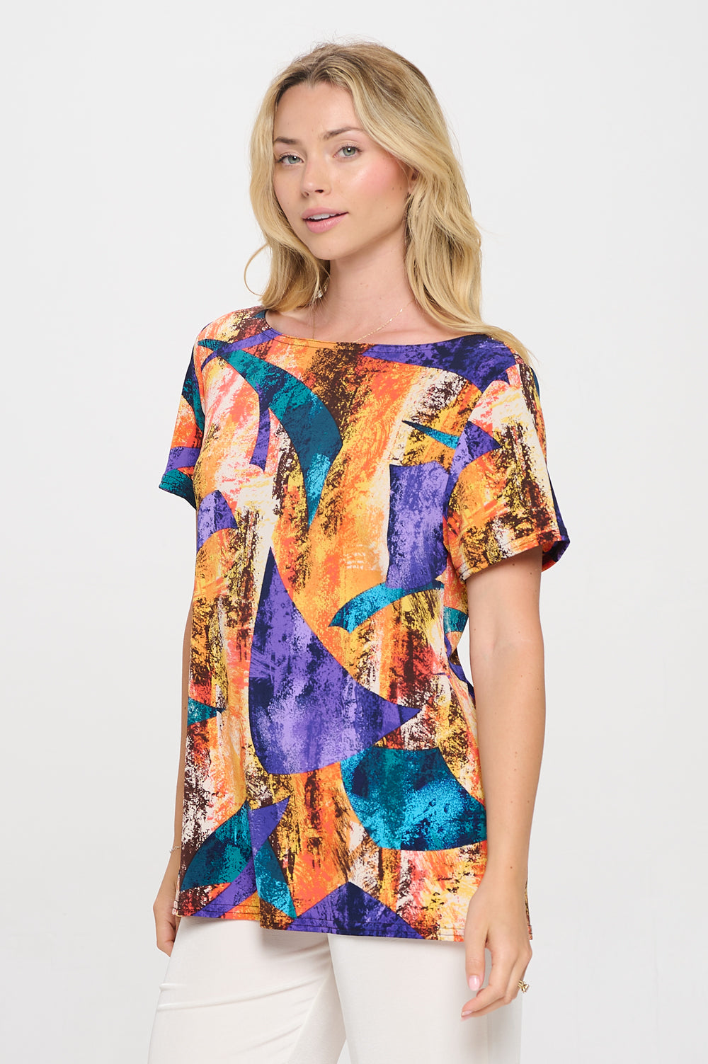 Print Boat Neckline Short Short Sleeve Top-3068HT-SRP1-W417