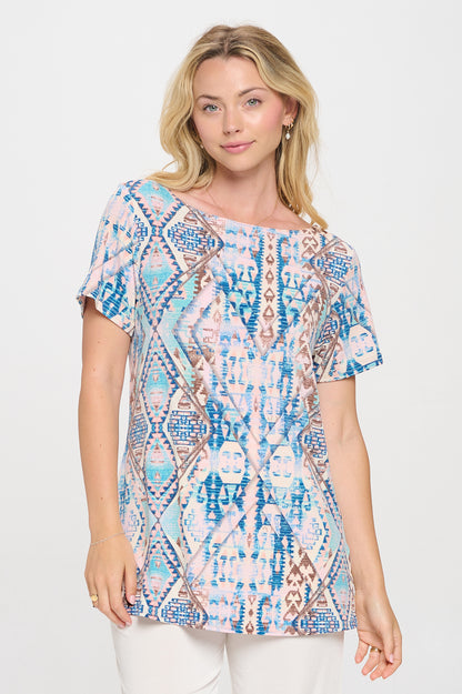 Print Boat Neckline Short Short Sleeve Top-3068HT-SRP1-W433