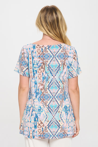 Print Boat Neckline Short Short Sleeve Top-3068HT-SRP1-W433