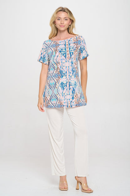 Print Boat Neckline Short Short Sleeve Top-3068HT-SRP1-W433