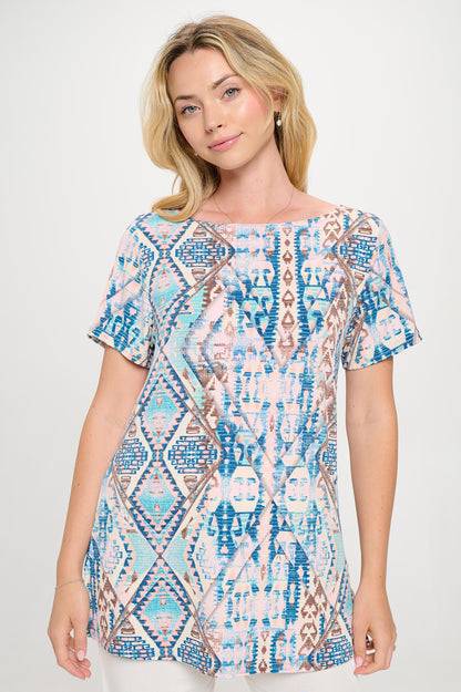 Print Boat Neckline Short Short Sleeve Top-3068HT-SRP1-W433