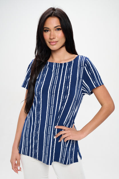 Print Boat Neckline Short Short Sleeve Top-3068HT-SRP1-W437