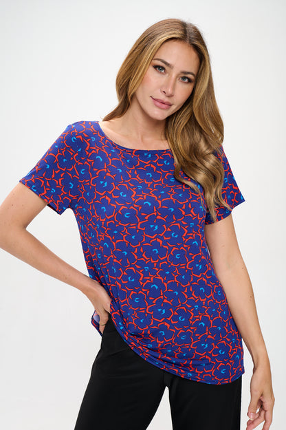 Print Boat Neckline Short Short Sleeve Top-3068HT-SRP1-W444