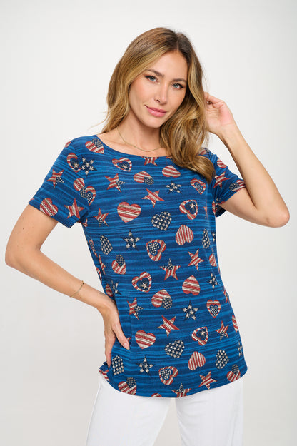 HIT American Print Boat Neckline Short Short Sleeve Top-3068HT-SRP1-W460