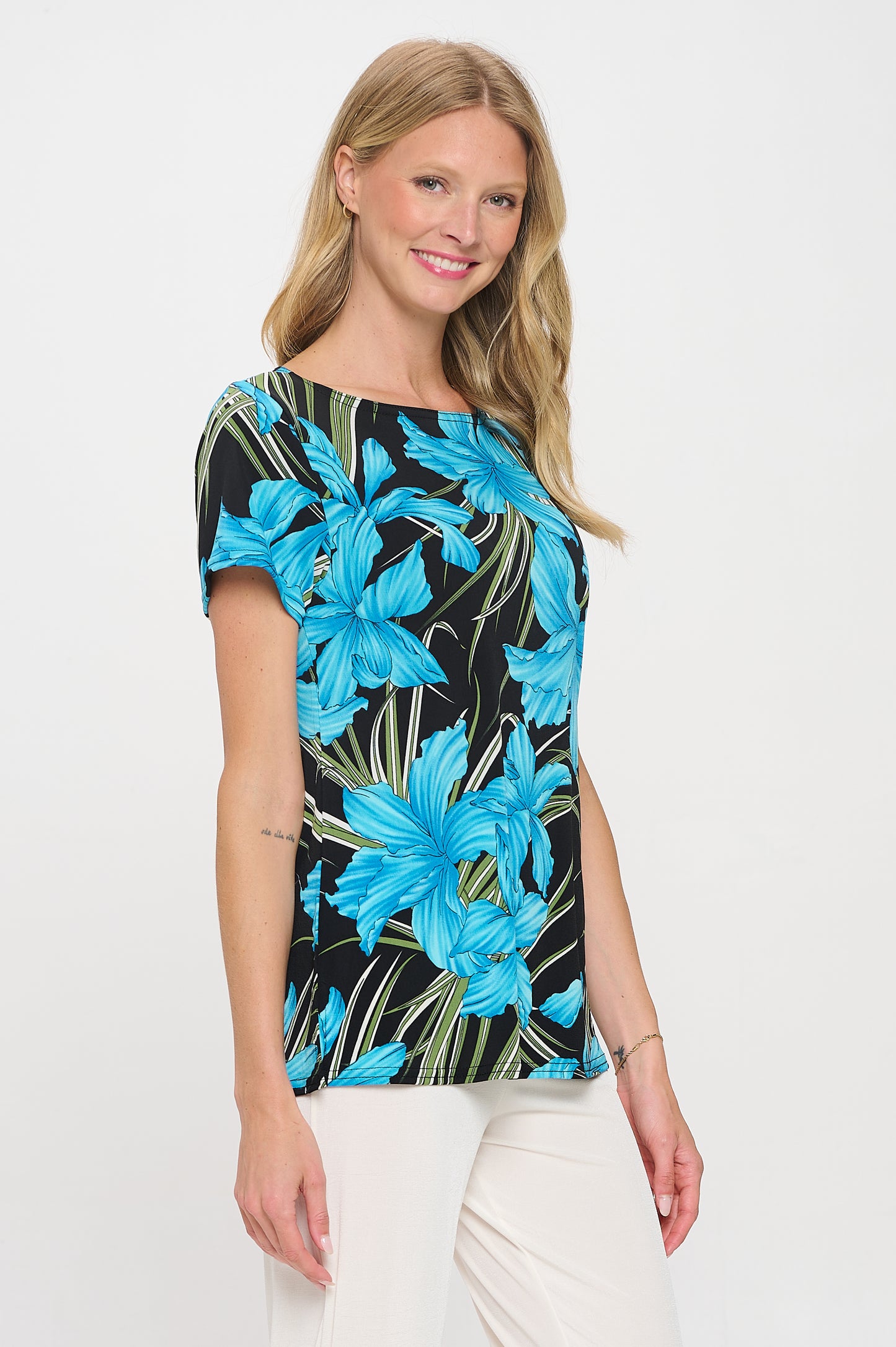 Print Boat Neckline Short Short Sleeve Top-3068HT-SRP1-W683