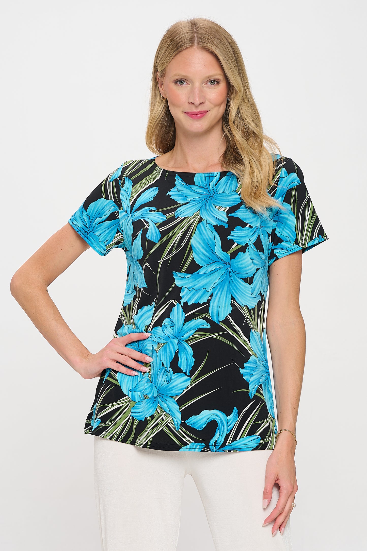 Print Boat Neckline Short Short Sleeve Top-3068HT-SRP1-W683