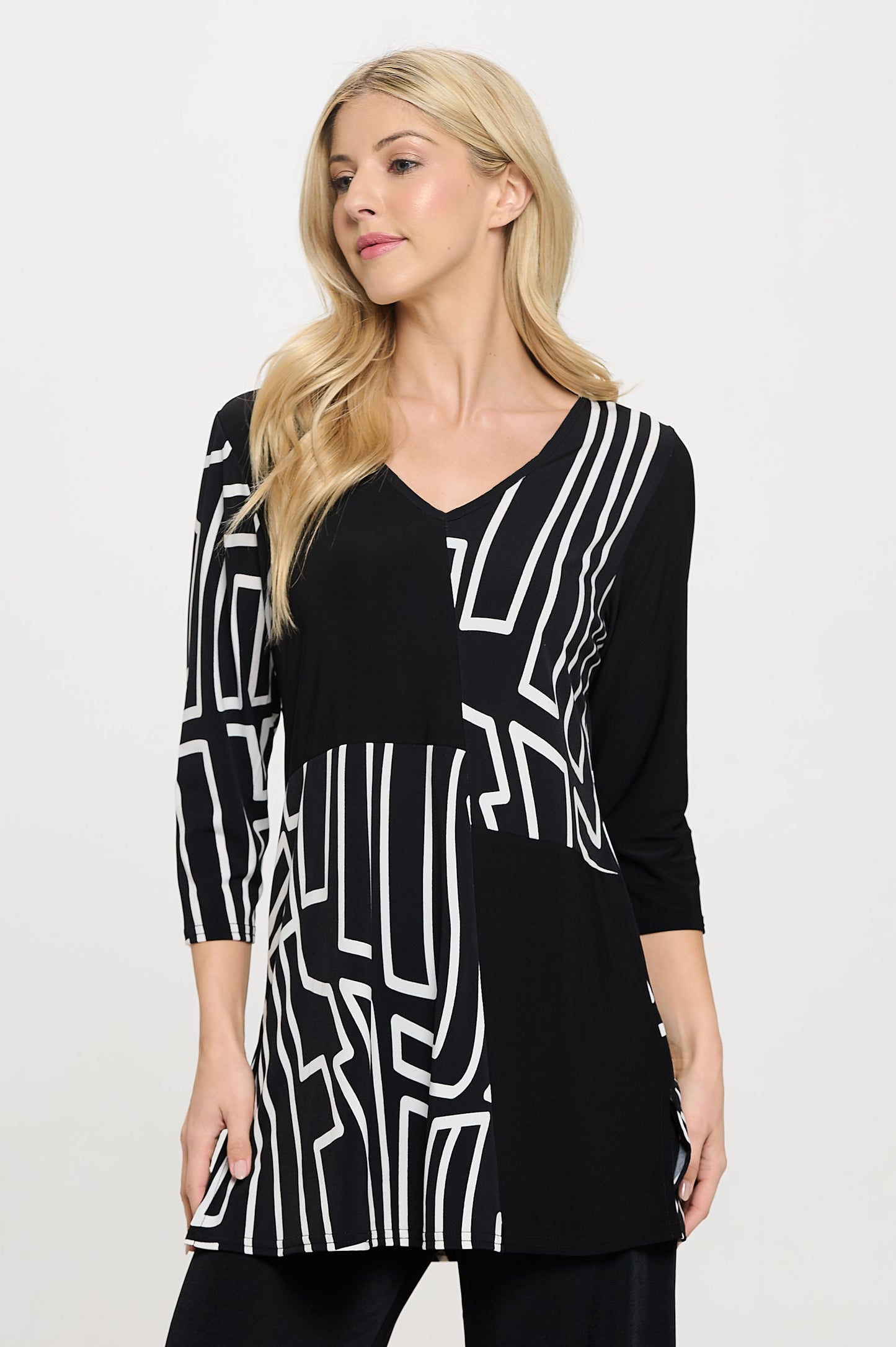 HIT Contrast V-Neck Tunic Top-3080HT-QRP1-C-W465