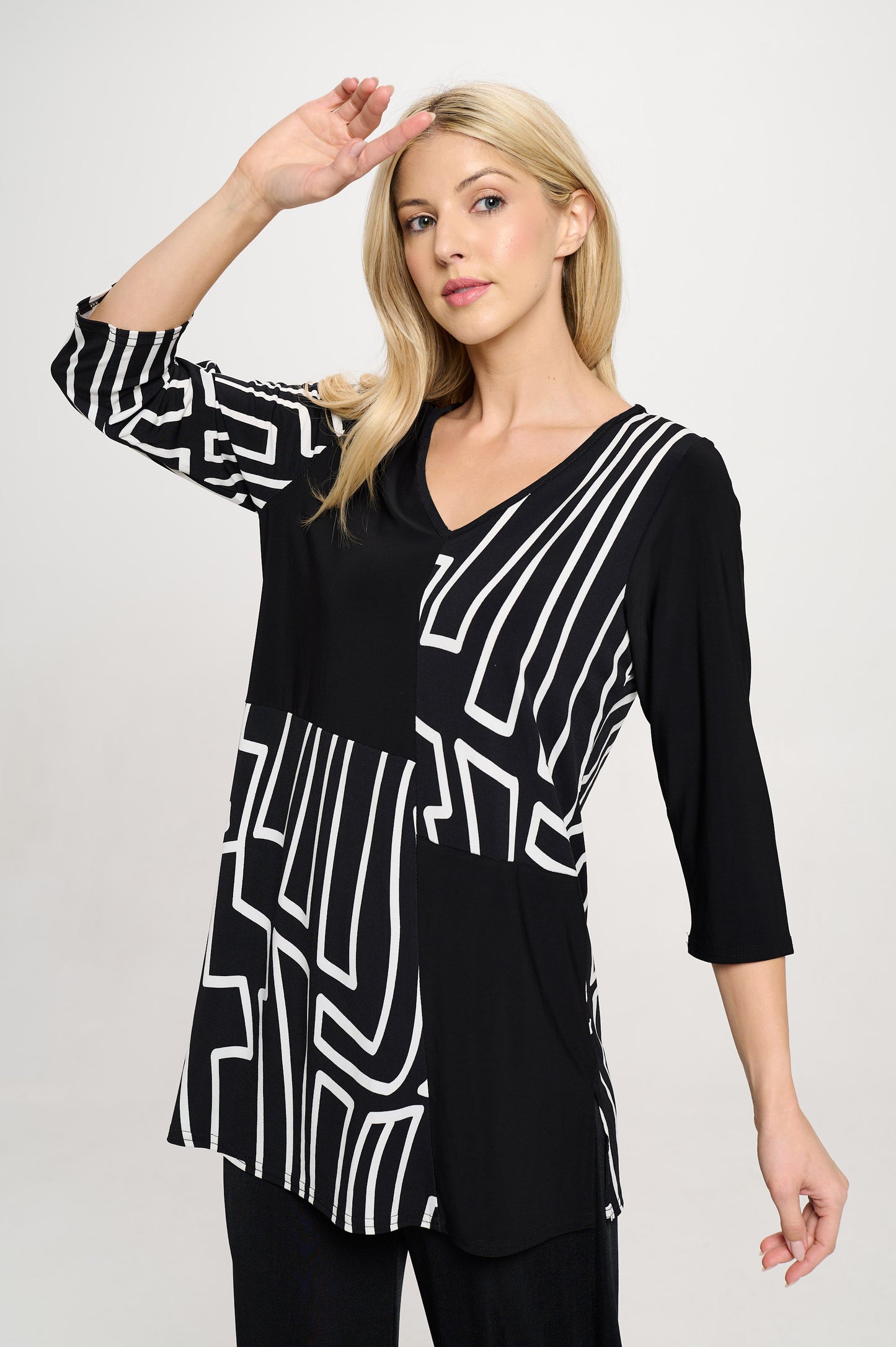 HIT Contrast V-Neck Tunic Top-3080HT-QRP1-C-W465