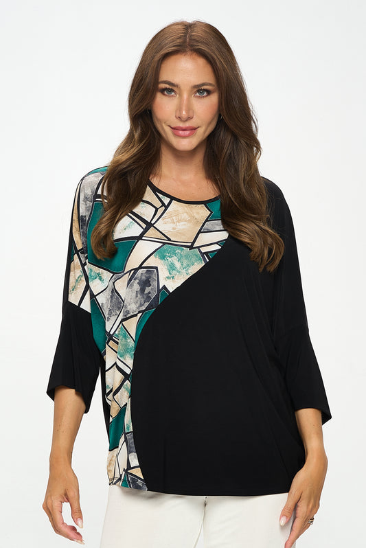 Round Neck Contrast Top with Quarter Sleeve-3099HT-QRP1-C-W394