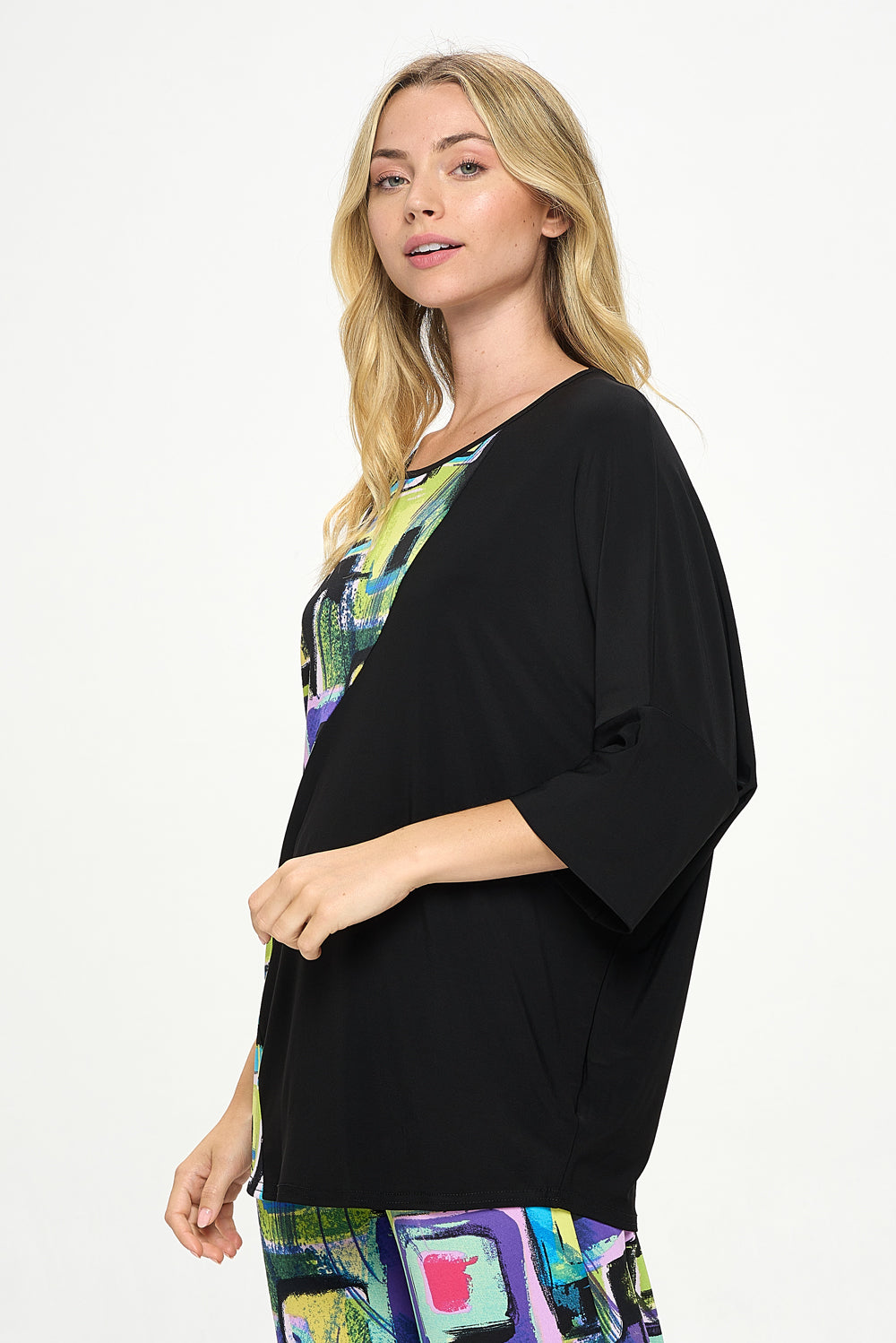 Round Neck Contrast Top with Quarter Sleeve-3099HT-QRP1-C-W400