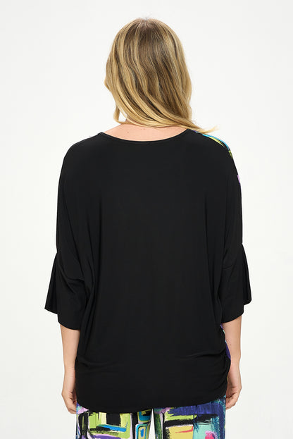Round Neck Contrast Top with Quarter Sleeve-3099HT-QRP1-C-W400