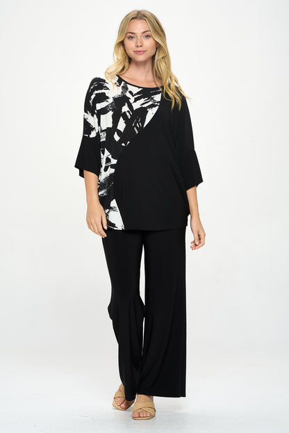 Round Neck Contrast Top with Quarter Sleeve-3099HT-QRP1-C-W403