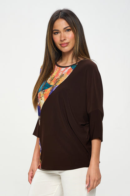 Round Neck Contrast Top with Quarter Sleeve-3099HT-QRP1-C-W417