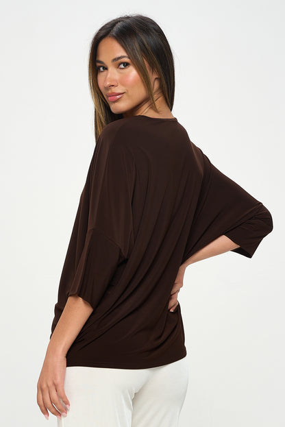 Round Neck Contrast Top with Quarter Sleeve-3099HT-QRP1-C-W417