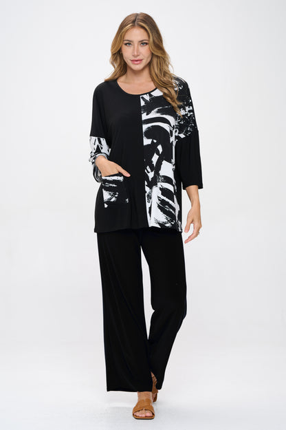 Quarter Sleeve Top with Contrast Print-3102HT-QRP1-CK-W403