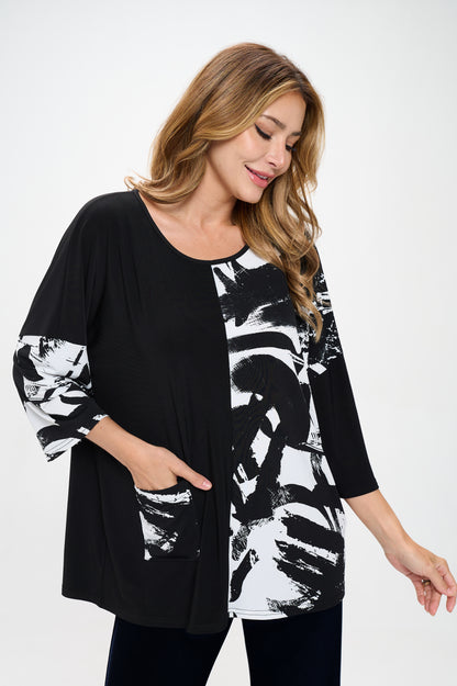 Quarter Sleeve Top with Contrast Print-3102HT-QRP1-CK-W403