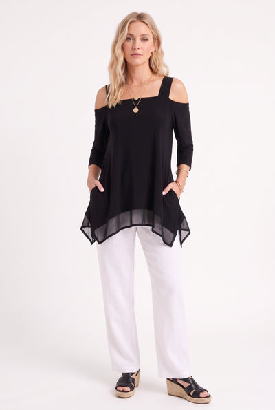 HIT Mesh Romance Hem Cold Shoulder Top-3132HT-QRS1-CK