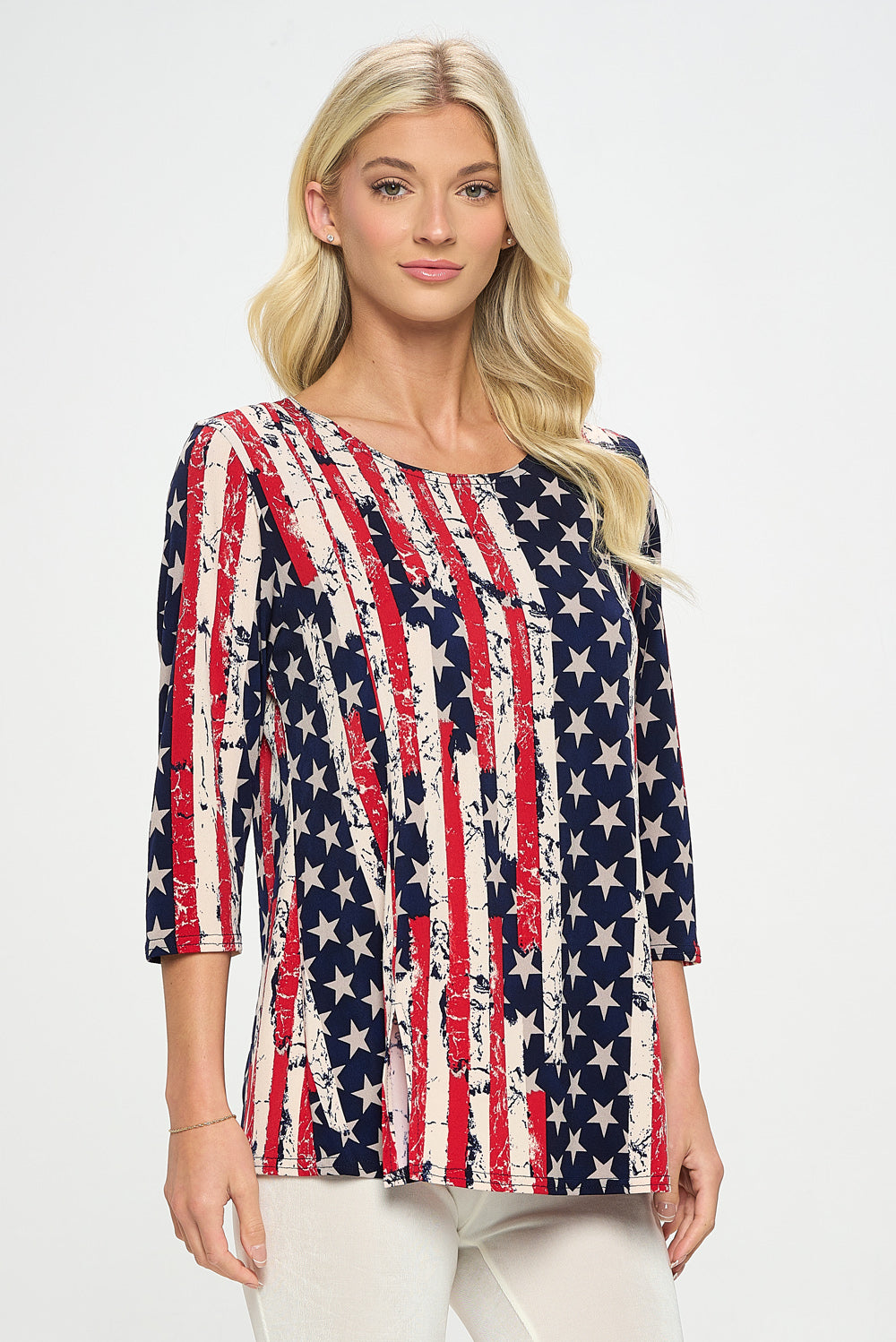 Americana Print Round Neck Short Sleeve Slit Top-3079HT-QRP1-W297