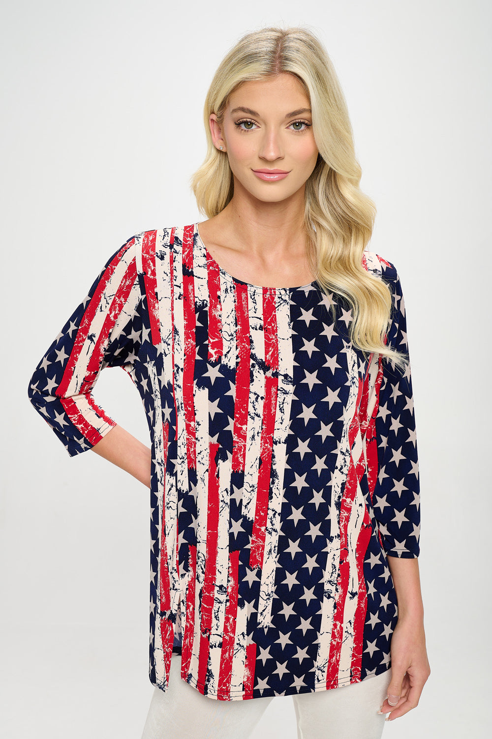 Americana Print Round Neck Short Sleeve Slit Top-3079HT-QRP1-W297