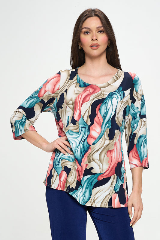 HIT Round Neck 3/4 Sleeve Slit Top-3079HT-QRP1-W396