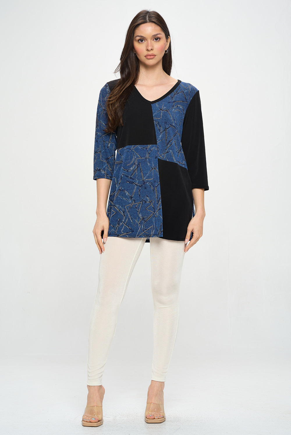 HIT Contrast V-Neck Tunic Top-380HT-QRP1-C-W392